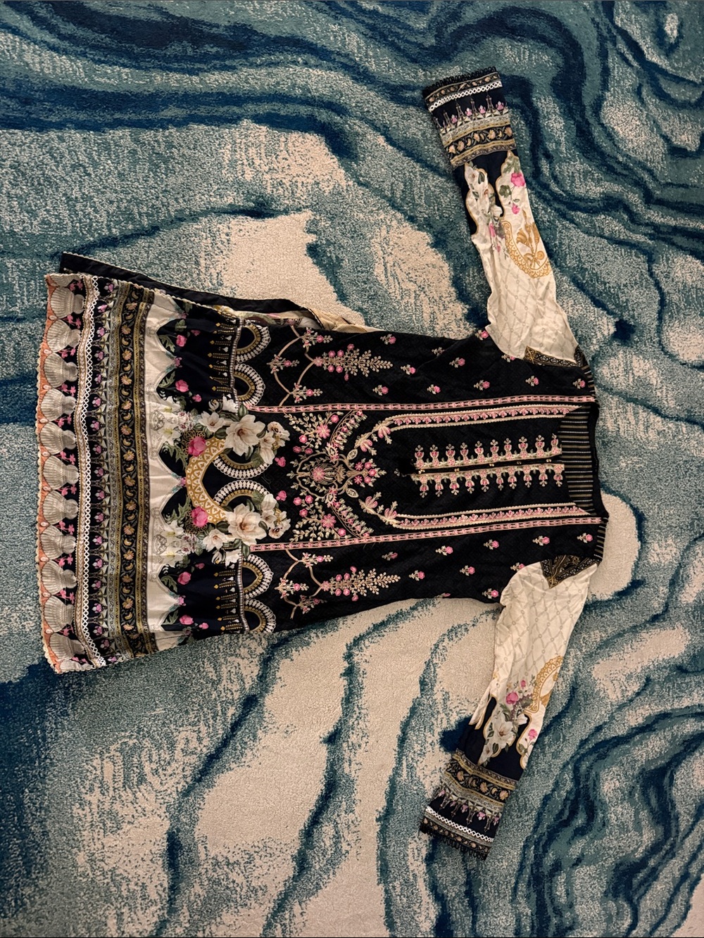 Floral Kurta black cream and pink